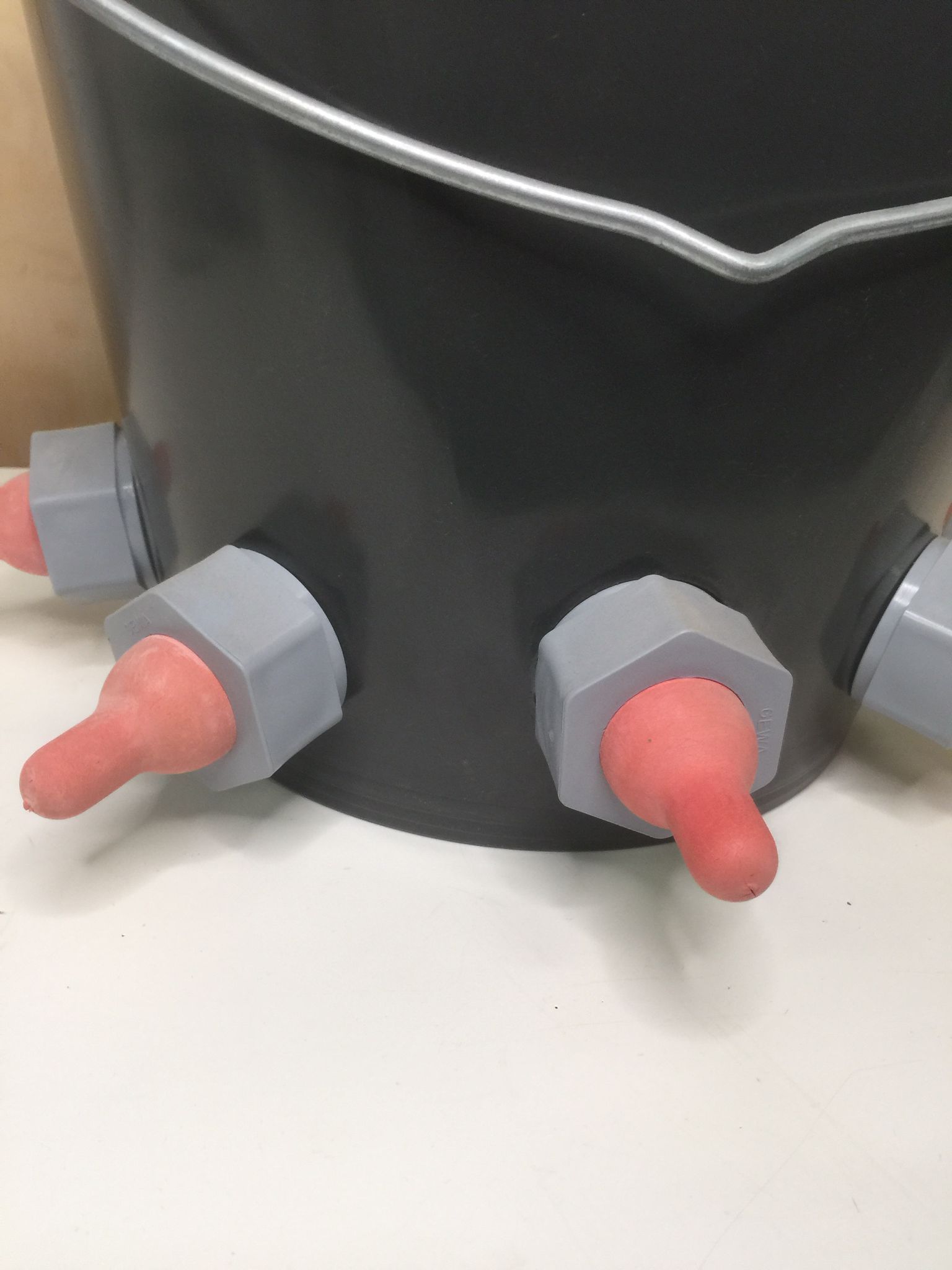 Cubo gris de lactancia con 5 tetinas rojas de goma para baifos y cabritos - IGORMA Canarias